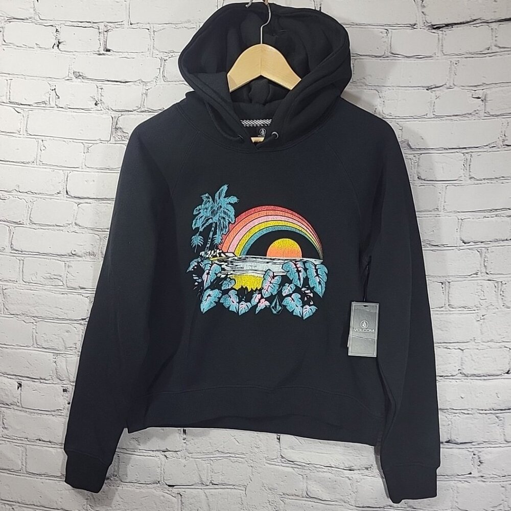 Volcom Crop Hoodie Sweatshirt S Truly Stokin Rainbow Sunset Tropical Graphic New